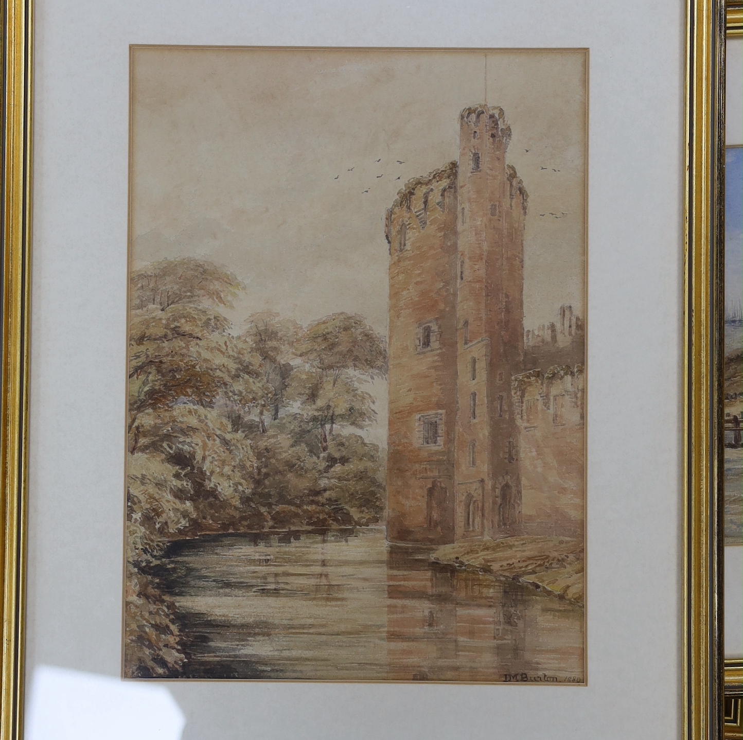 I.M. Burton (19th century), pair of watercolours, 'Gorleston' and 'Gorleston Pier', signed, one dated 1880, 22 x 32cm, and J.M. Burton (19th century), two watercolours, 'Ruined castle' and 'Abbey', signed and dated 1880,